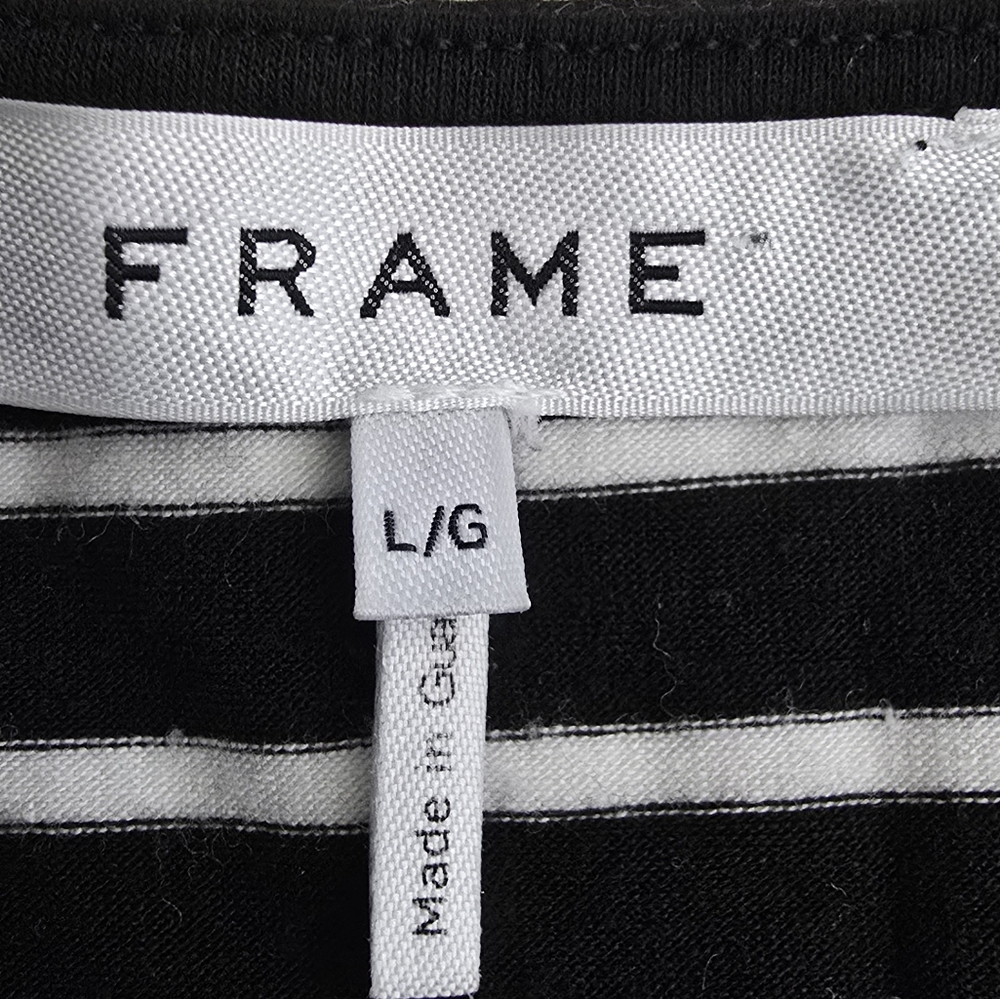 Frame Denim Black & White Shirred Chevron V-Neck Puff Sleeve Blouse, Sz L - Picture 2 of 7